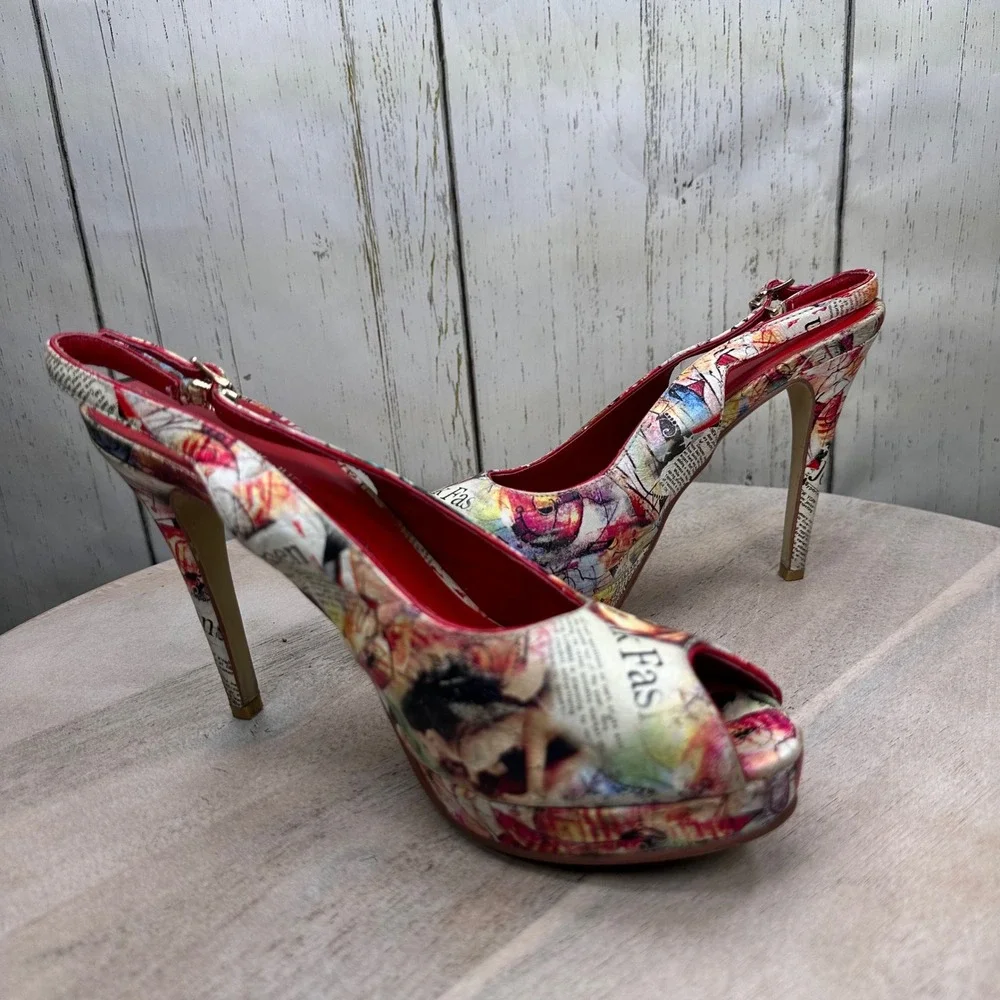 Newspaper Print Peep Toe Platform Slingback Heels Multi Color Size 38